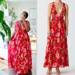 J. Crew Red Floral Maxi Dress Cotton Voile Rosette Plunge in Peony Vines XL